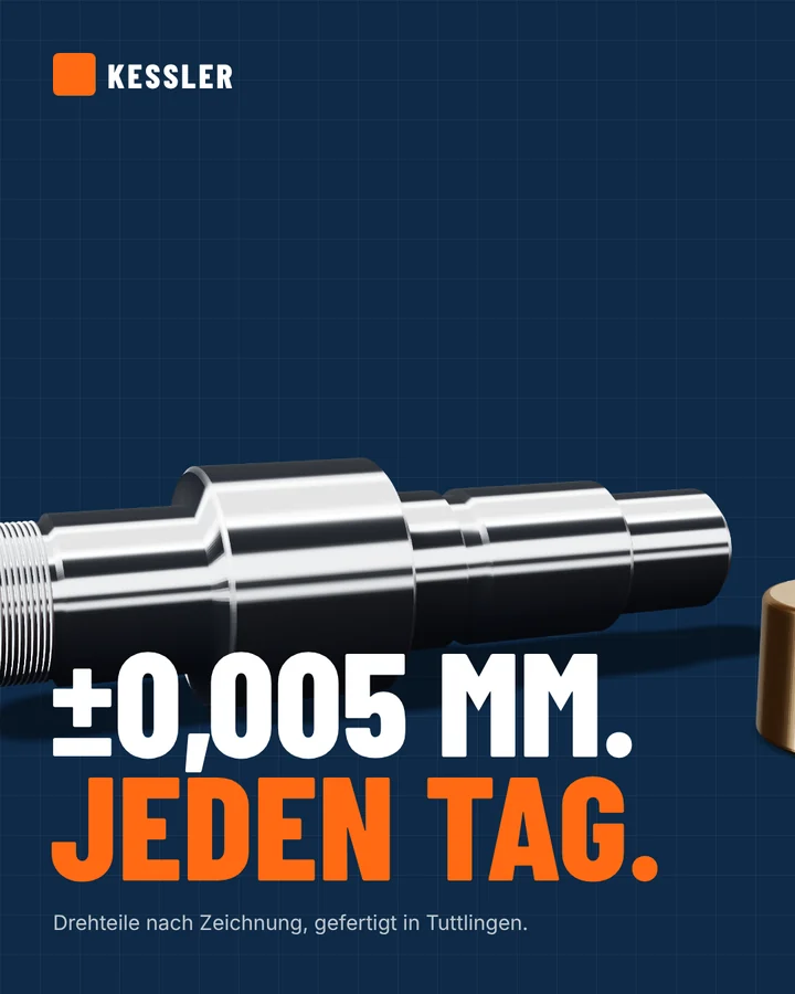 LinkedIn-Grafik von Kessler Präzisionstechnik: ±0,005 mm. Jeden Tag.