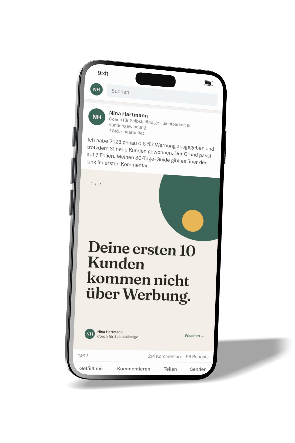 Ein LinkedIn-Beitrag am Handy: Deine ersten 10 Kunden kommen nicht über Werbung.
